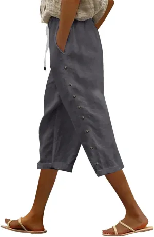 Capri Linen Pants Women Casual Summer Drawstring Elastic High Waist Linen Pant Straight Wide Leg Cropped