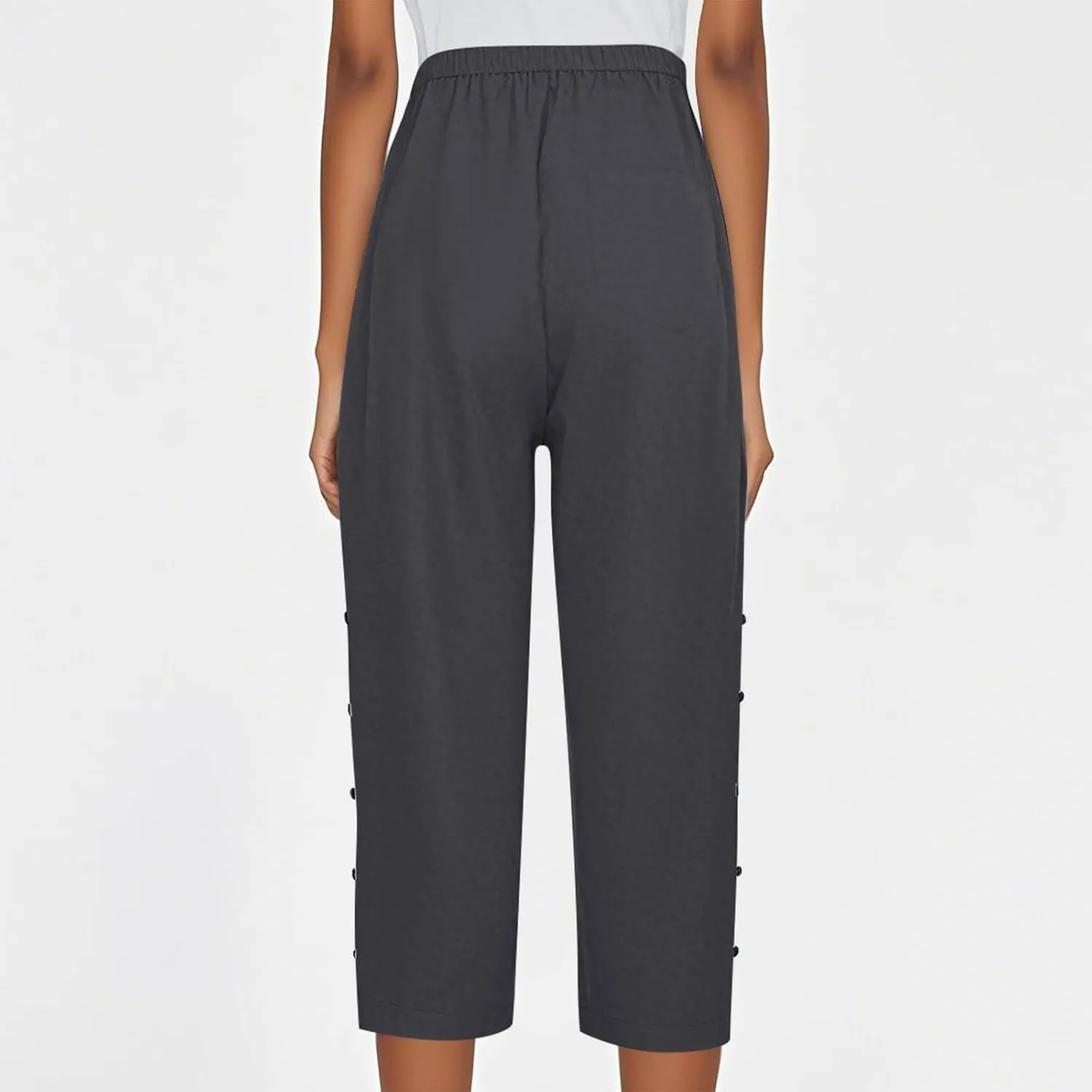 Capri Linen Pants Women Casual Summer Drawstring Elastic High Waist Linen Pant Straight Wide Leg Cropped
