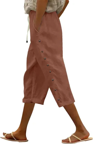 Capri Linen Pants Women Casual Summer Drawstring Elastic High Waist Linen Pant Straight Wide Leg Cropped