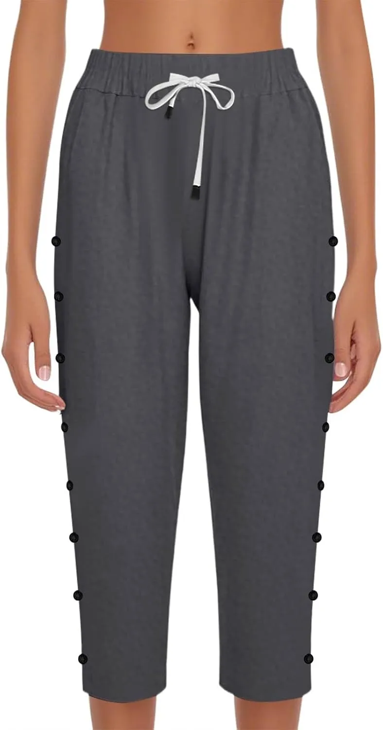 Capri Linen Pants Women Casual Summer Drawstring Elastic High Waist Linen Pant Straight Wide Leg Cropped