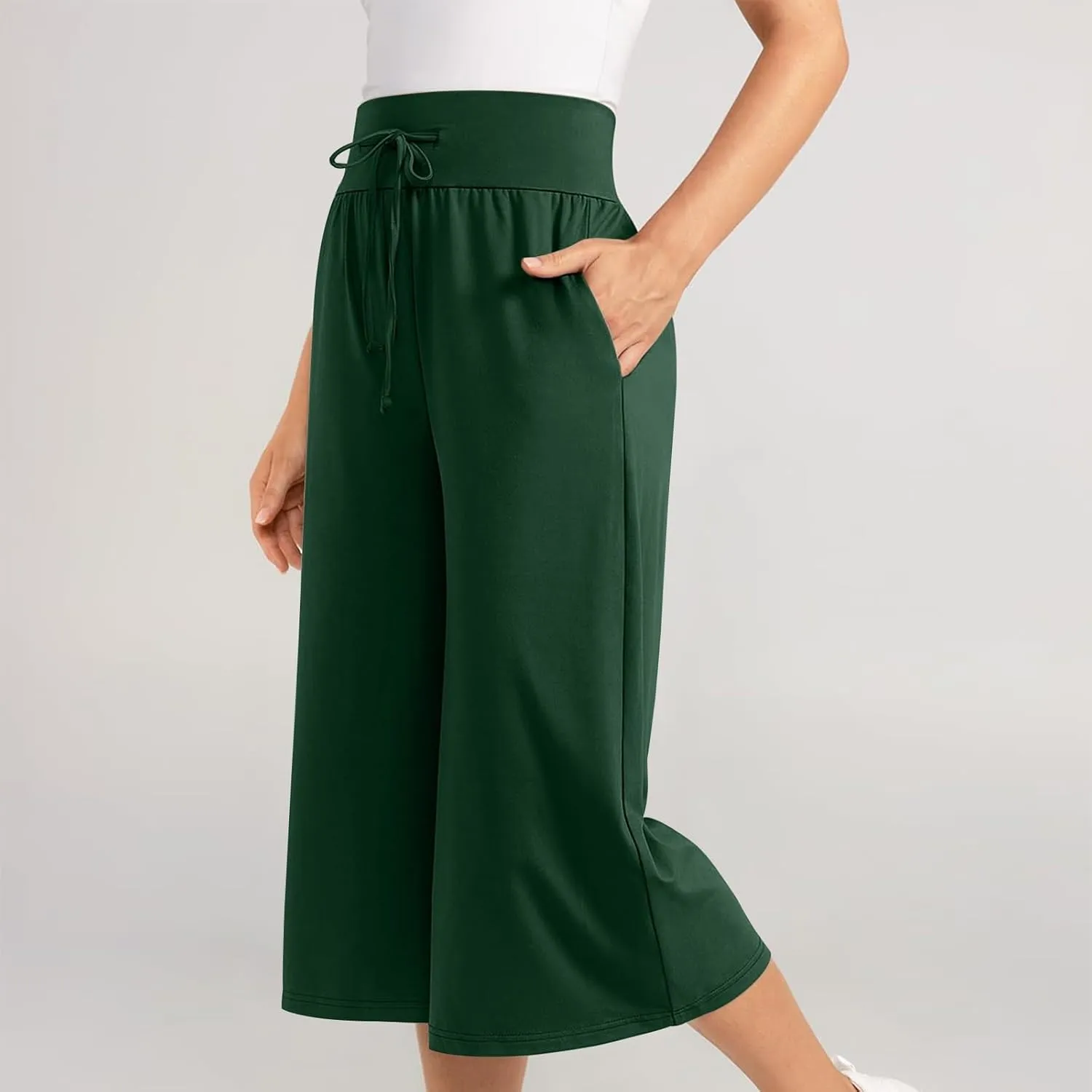 Capri Pants for Women 2024 Summer High Waisted Wide Leg Pants Casual Drawstring Polyester Trousers with Pockets
