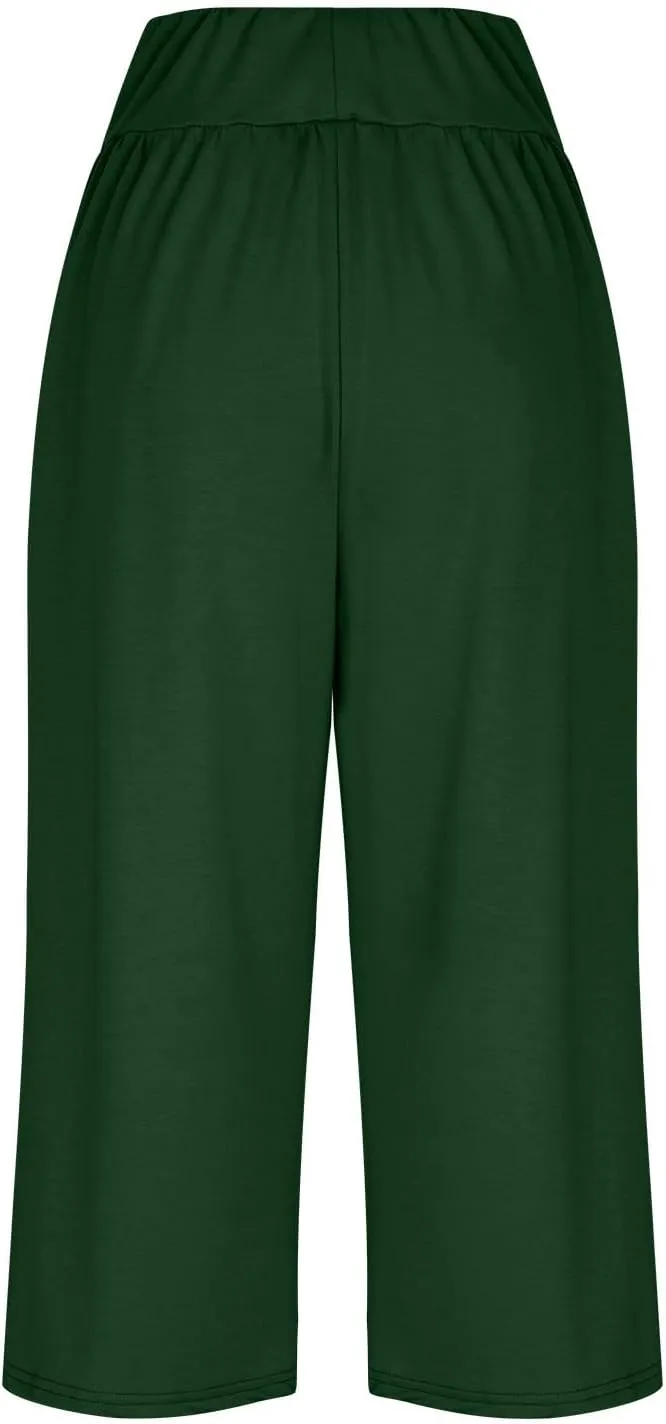 Capri Pants for Women 2024 Summer High Waisted Wide Leg Pants Casual Drawstring Polyester Trousers with Pockets