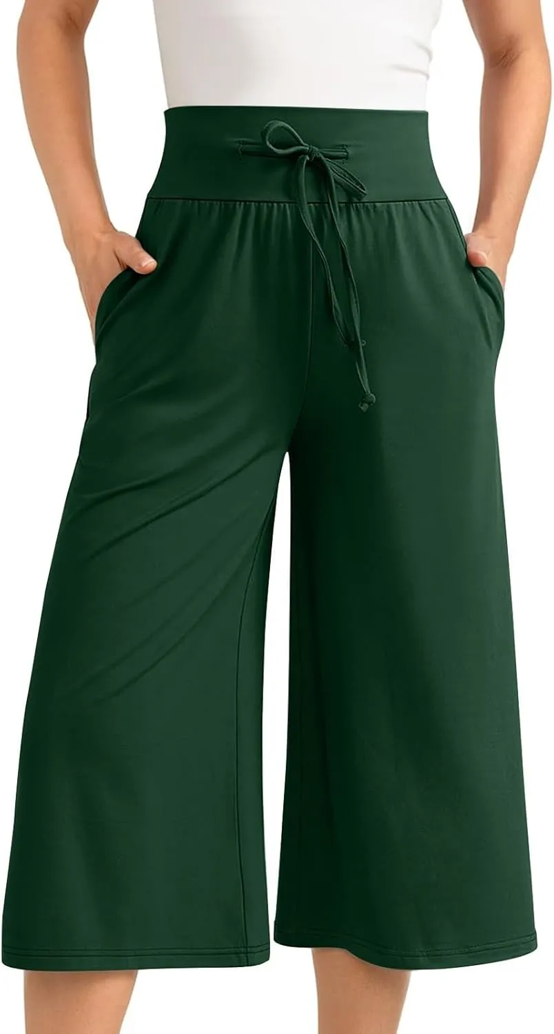 Capri Pants for Women 2024 Summer High Waisted Wide Leg Pants Casual Drawstring Polyester Trousers with Pockets