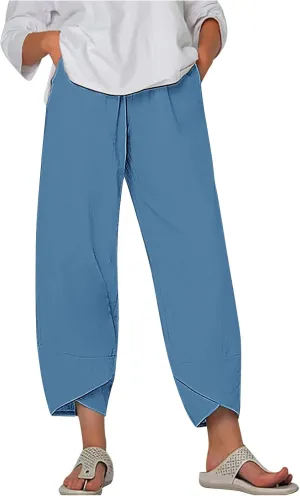 Capri Pants for Women 2024 Summer High Waisted Wide Leg Pants Casual Drawstring Polyester Trousers with Pockets