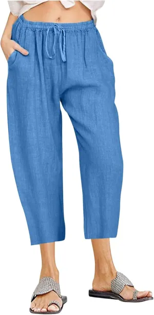 Capri Pants for Women Casual 2025 Summer Drawstring Capris Cotton Linen Pant Straight Wide Leg Cropped Trousers