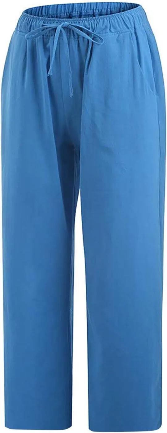 Capri Pants for Women Casual 2025 Summer Drawstring Capris Cotton Linen Pant Straight Wide Leg Cropped Trousers