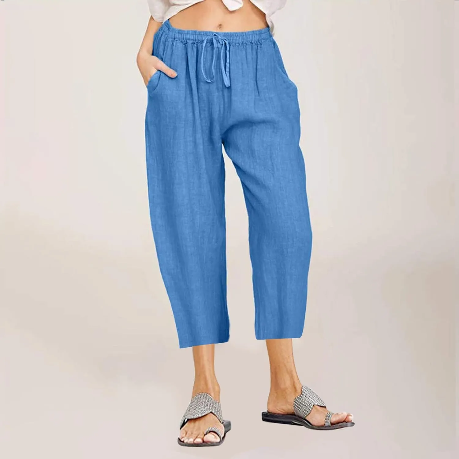 Capri Pants for Women Casual 2025 Summer Drawstring Capris Cotton Linen Pant Straight Wide Leg Cropped Trousers