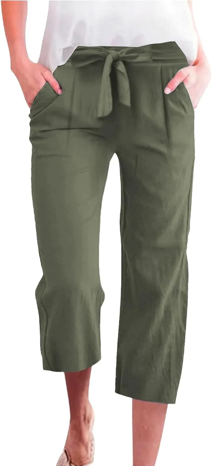 Capris Pants for Women Cotton Linen Casual Summer 2025 Straight Wide Leg Drawstring Elastic Waist Cropped Trouser