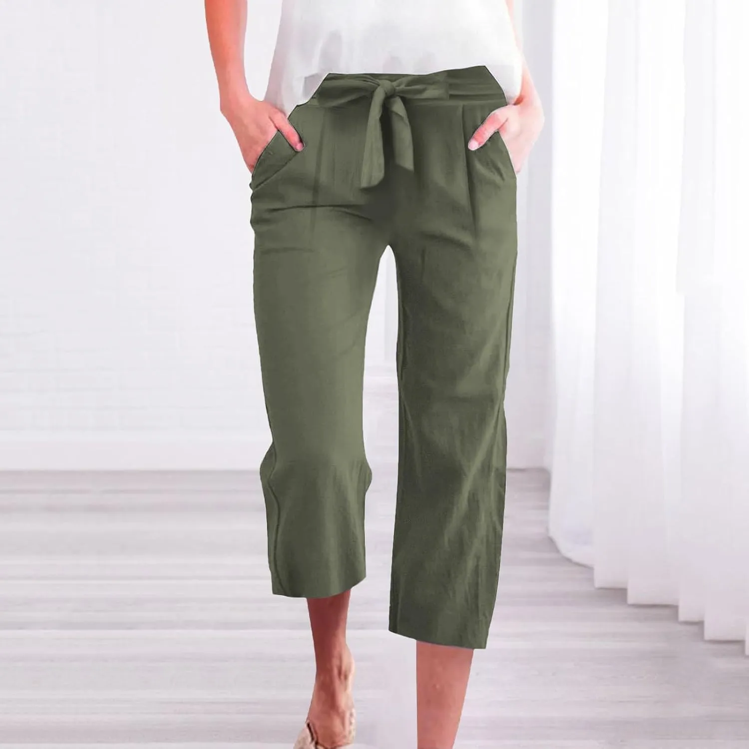 Capris Pants for Women Cotton Linen Casual Summer 2025 Straight Wide Leg Drawstring Elastic Waist Cropped Trouser