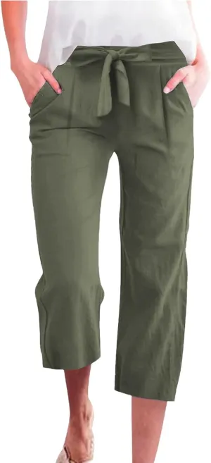 Capris Pants for Women Cotton Linen Casual Summer 2025 Straight Wide Leg Drawstring Elastic Waist Cropped Trouser