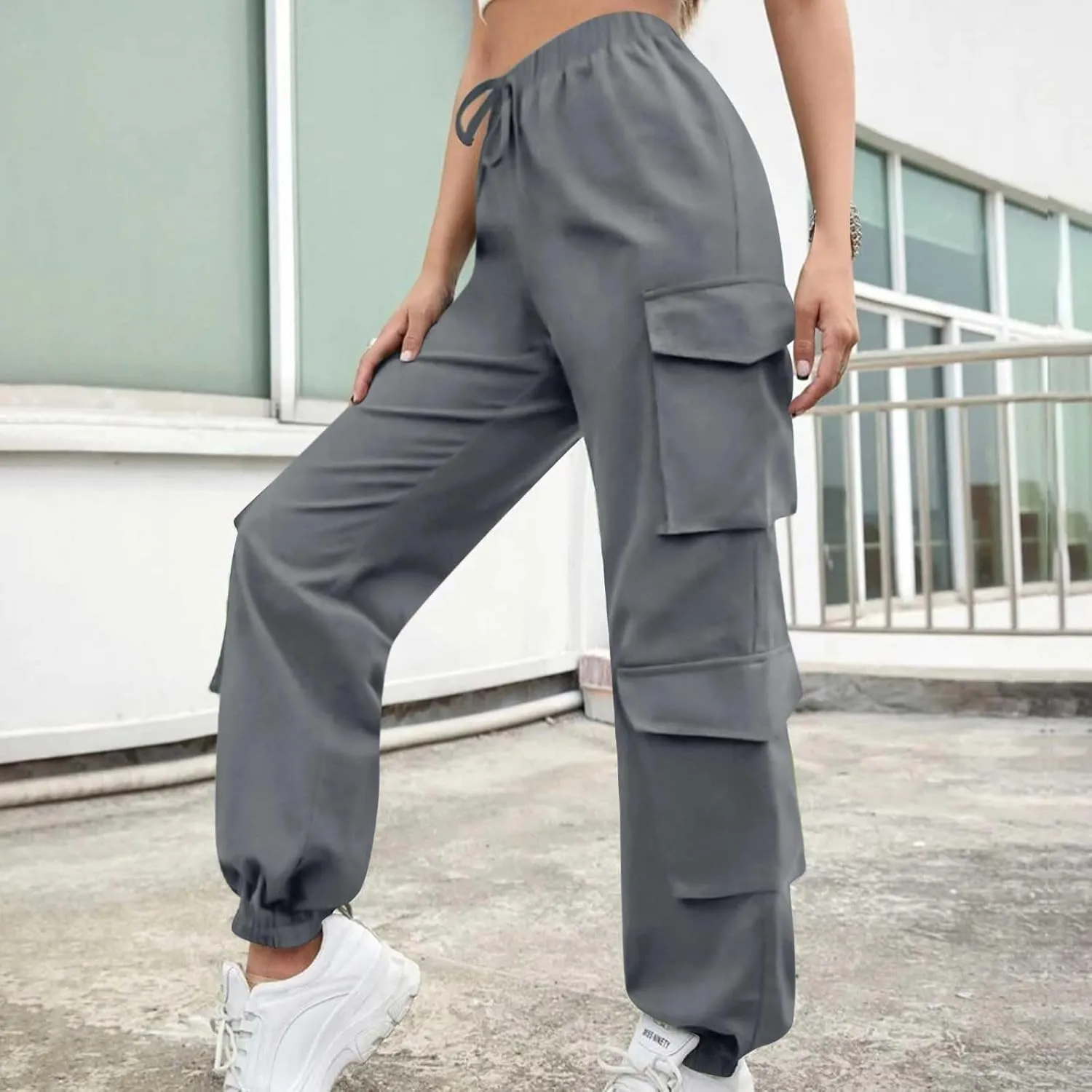 Cargo Pants Women Drawstring High Waist Pants Fashion Casual Solid Trousers Loose Fit Lounge Pant with Pockets