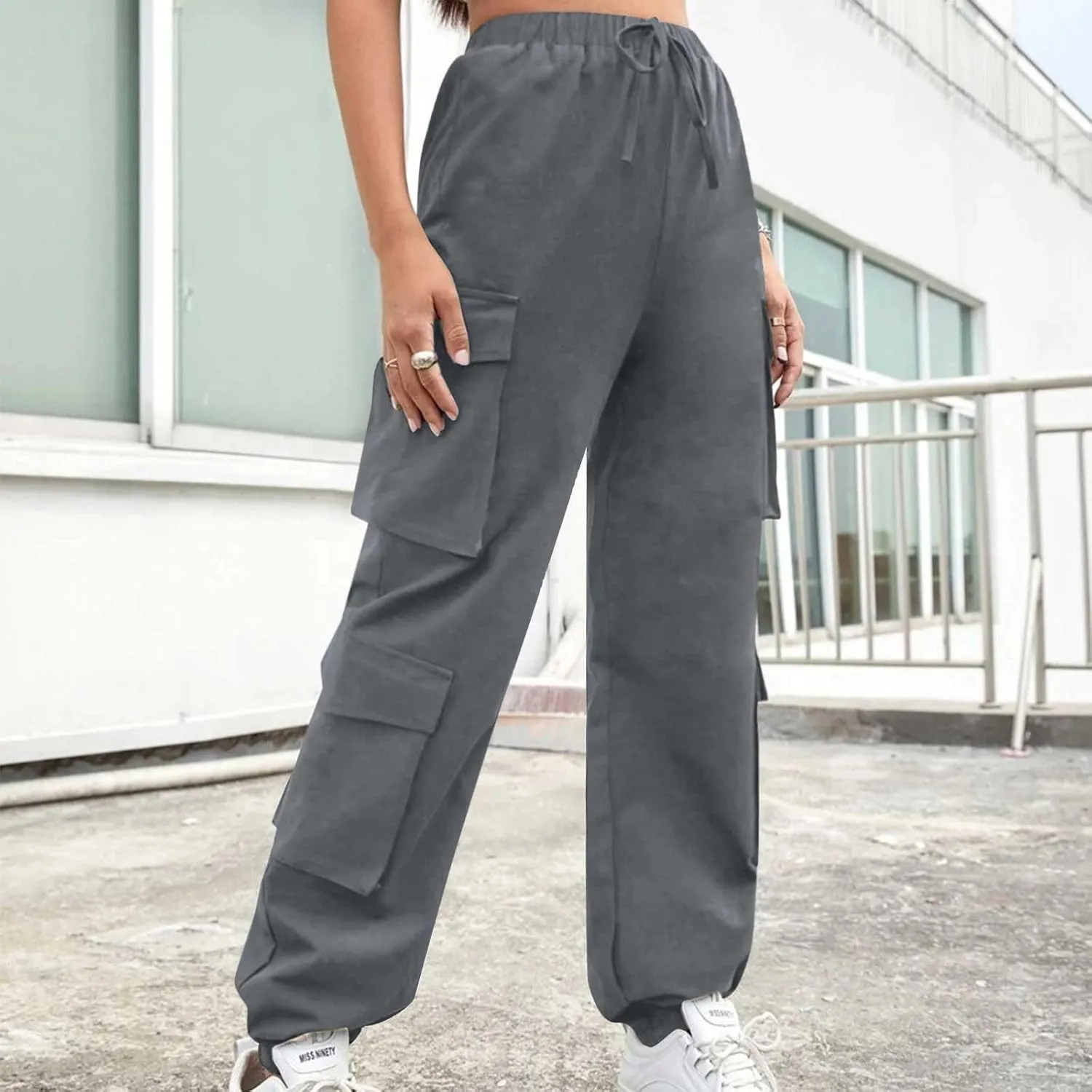 Cargo Pants Women Drawstring High Waist Pants Fashion Casual Solid Trousers Loose Fit Lounge Pant with Pockets