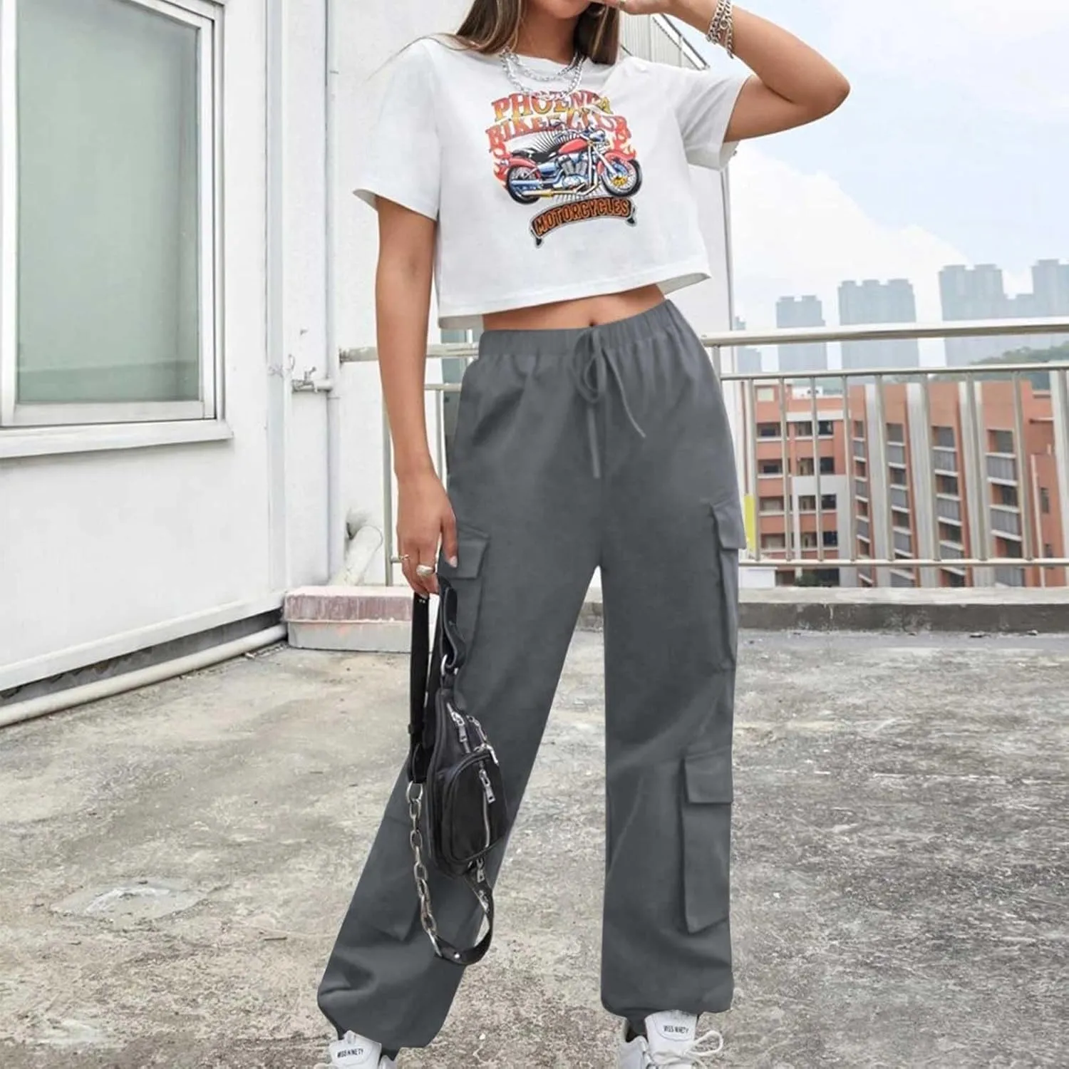 Cargo Pants Women Drawstring High Waist Pants Fashion Casual Solid Trousers Loose Fit Lounge Pant with Pockets