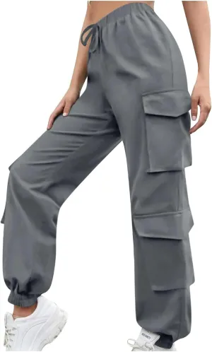 Cargo Pants Women Drawstring High Waist Pants Fashion Casual Solid Trousers Loose Fit Lounge Pant with Pockets
