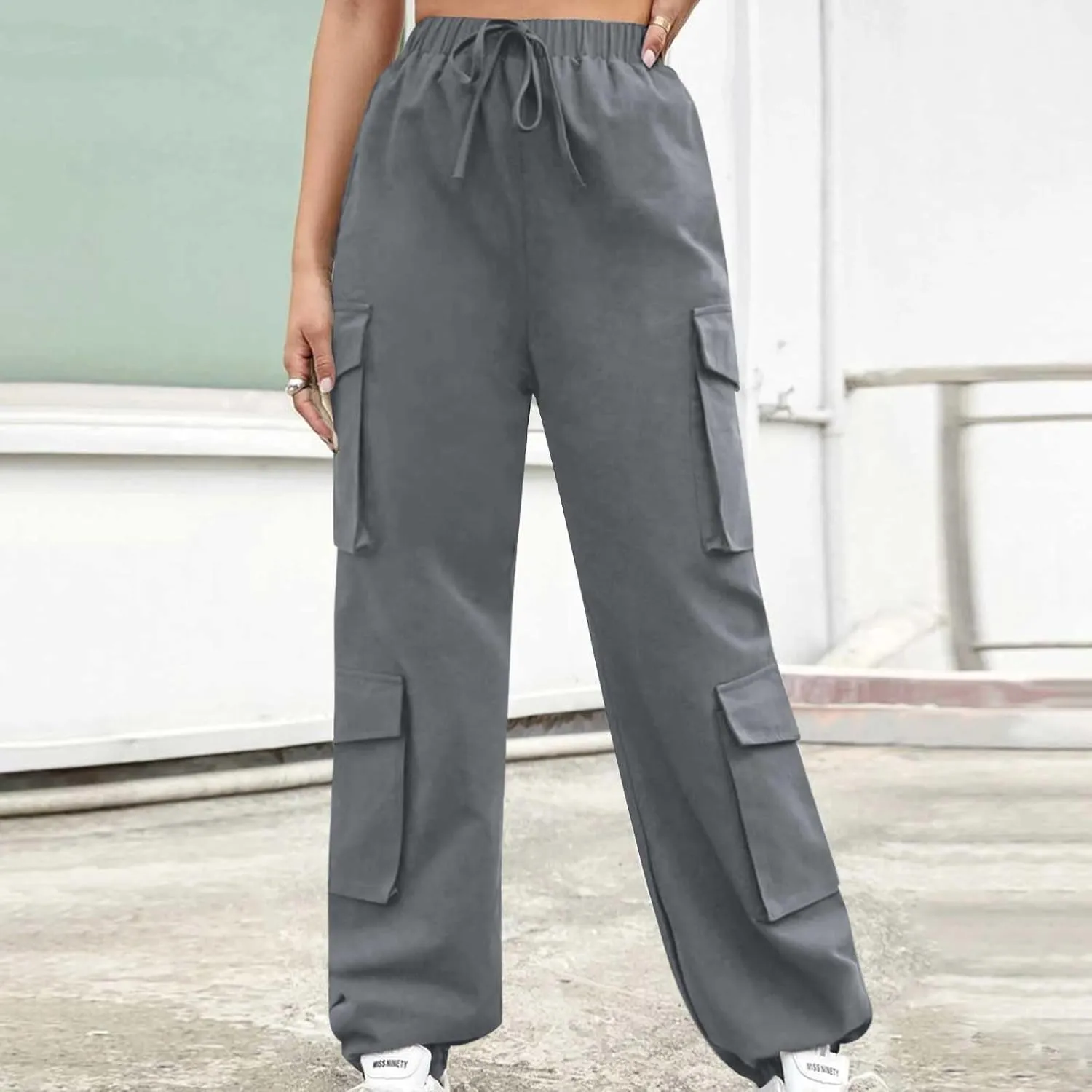 Cargo Pants Women Drawstring High Waist Pants Fashion Casual Solid Trousers Loose Fit Lounge Pant with Pockets
