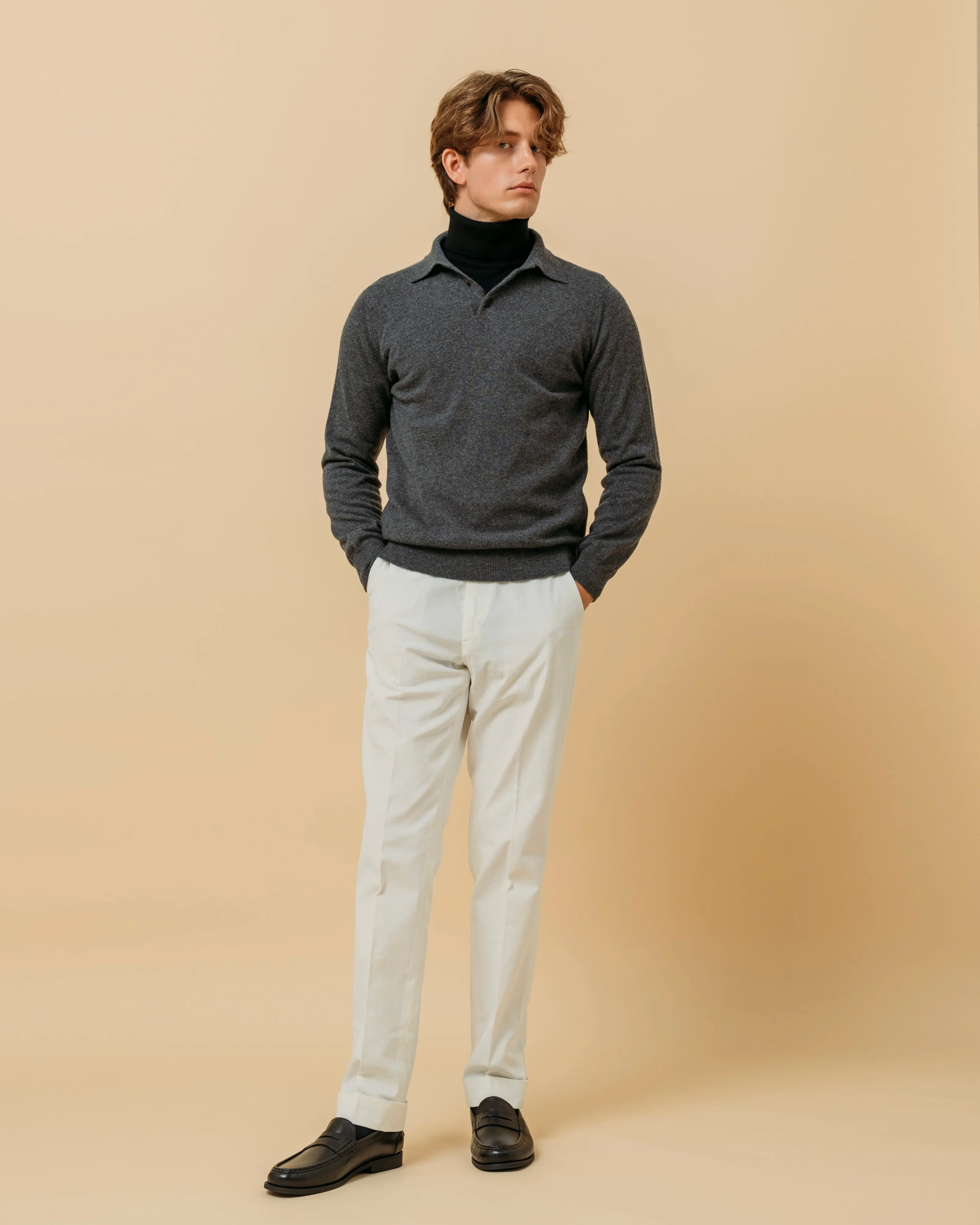 Cashmere polo shirt in grey mélange