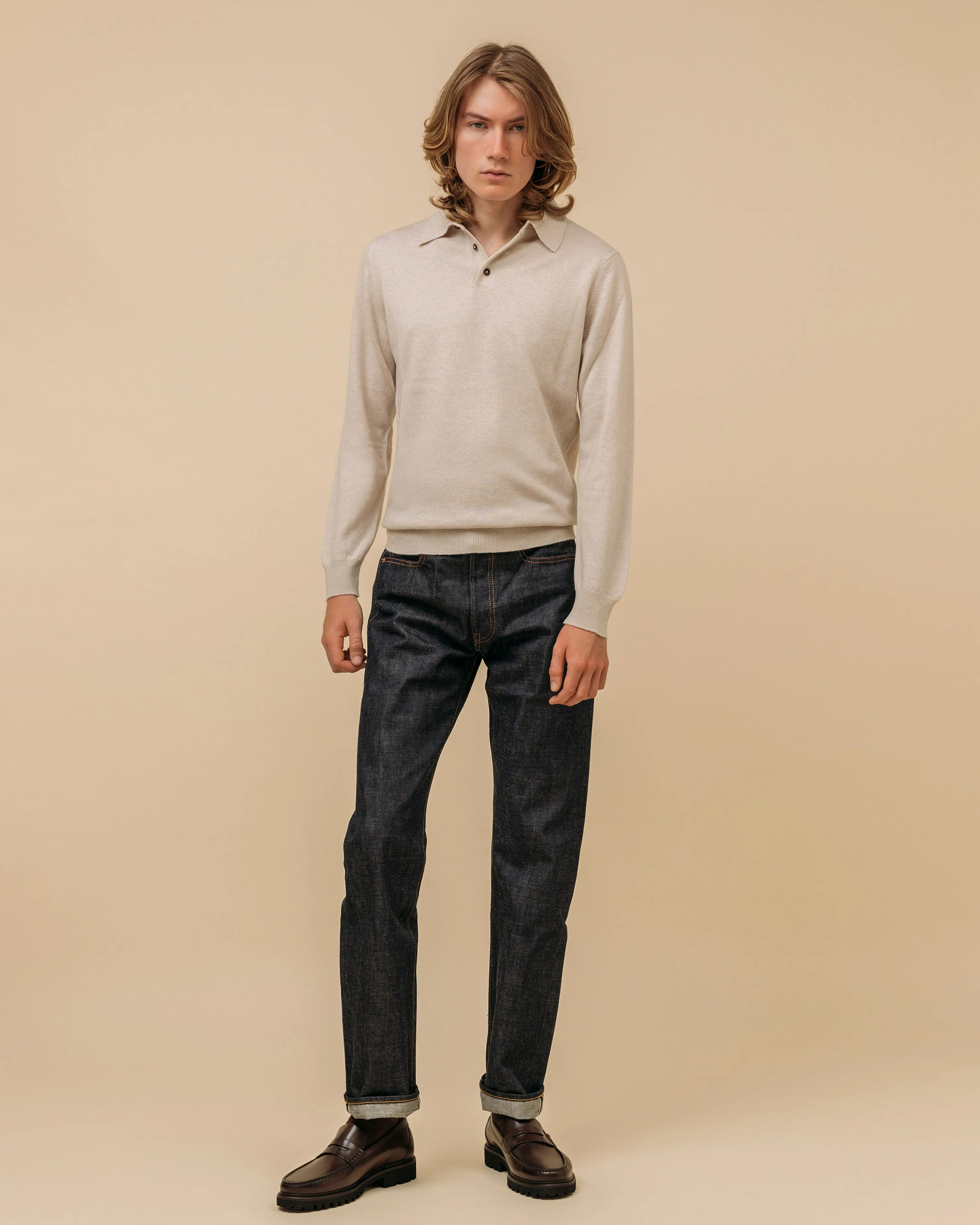 Cashmere polo shirt in oatmeal