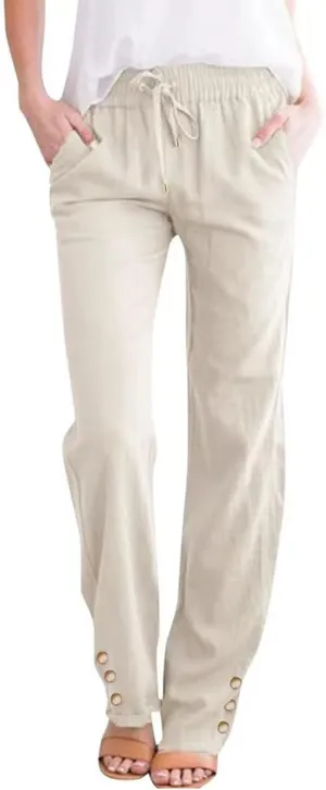 Casual Cotton Linen Pants for Women Summer Loose Fit Straight Leg Trousers Drawstring Elastic Waist Beach Pants
