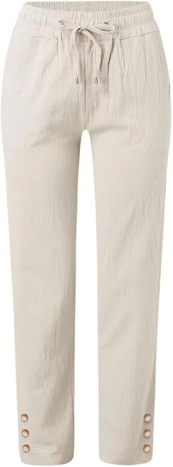 Casual Cotton Linen Pants for Women Summer Loose Fit Straight Leg Trousers Drawstring Elastic Waist Beach Pants