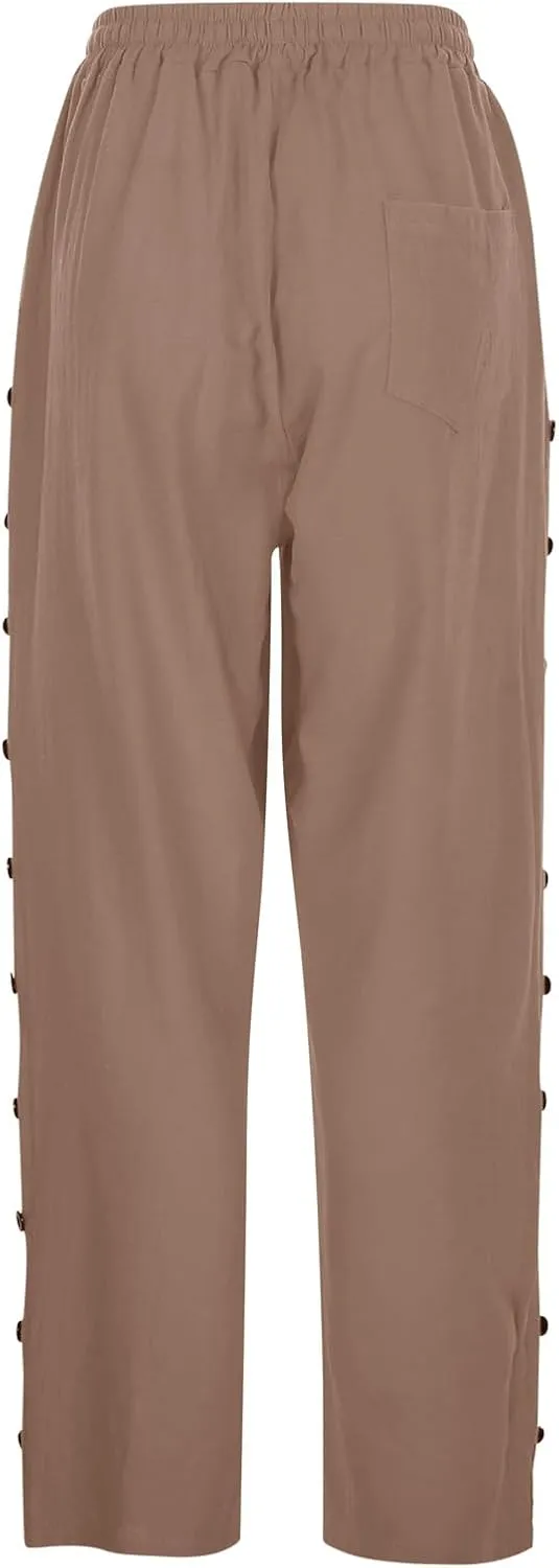 Casual Linen Pants for Women Side Button up Breathable Summer Trousers Elastic High Waist Pant Solid Retro Pant 2025