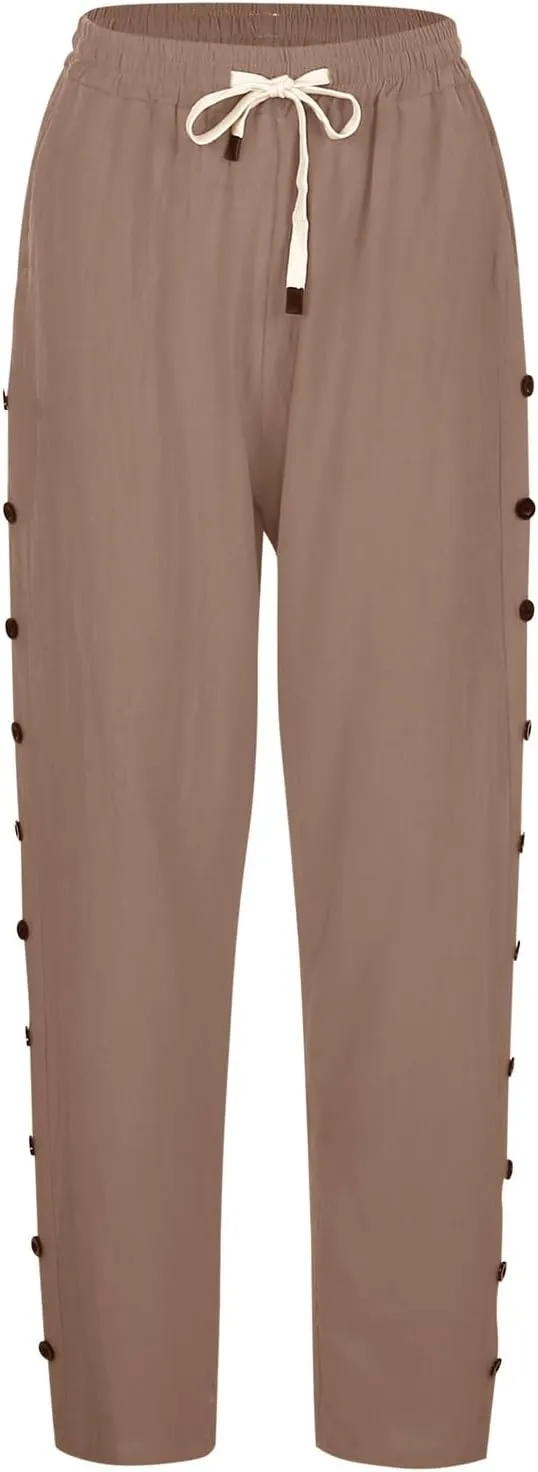Casual Linen Pants for Women Side Button up Breathable Summer Trousers Elastic High Waist Pant Solid Retro Pant 2025