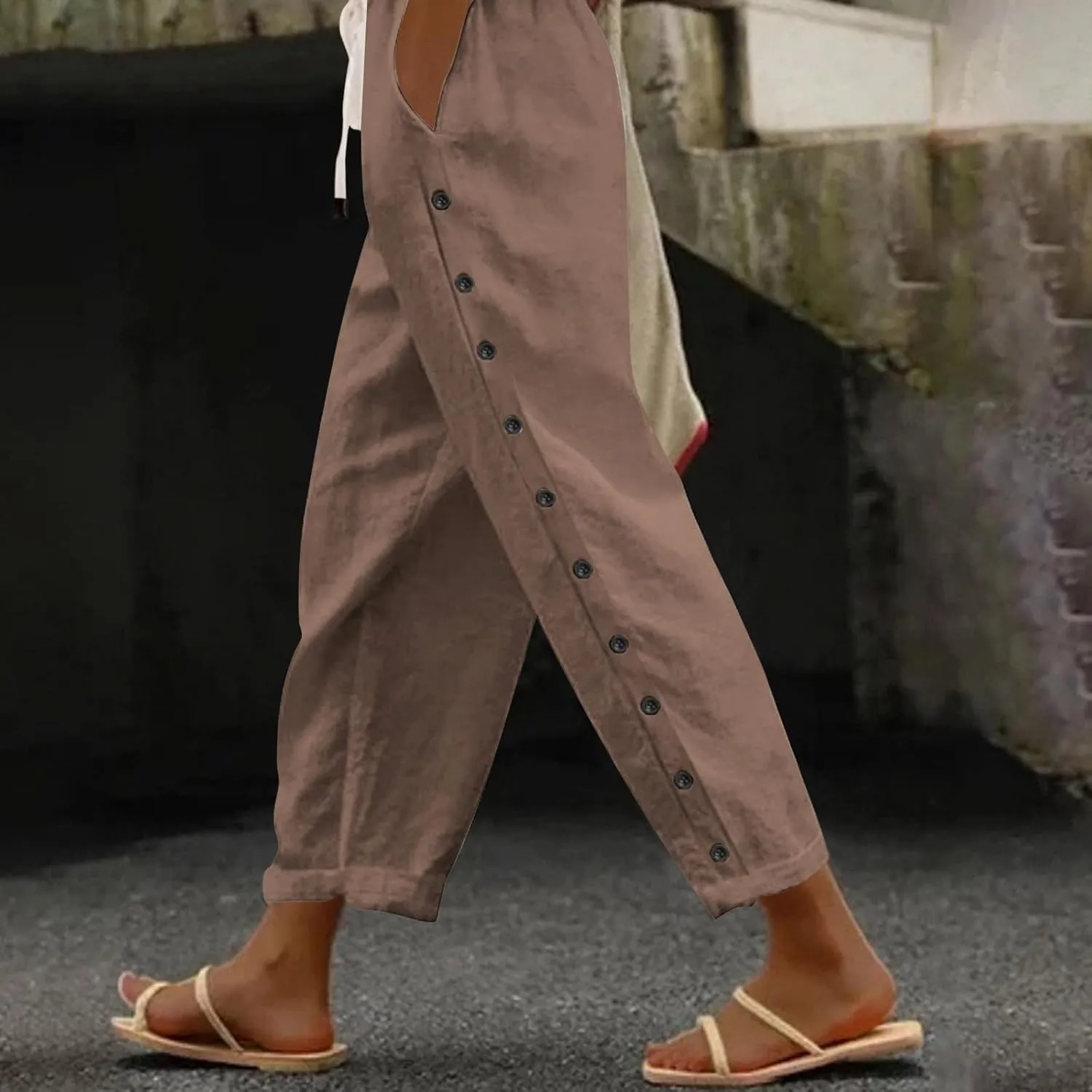 Casual Linen Pants for Women Side Button up Breathable Summer Trousers Elastic High Waist Pant Solid Retro Pant 2025