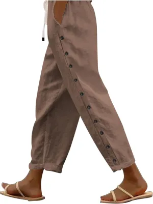 Casual Linen Pants for Women Side Button up Breathable Summer Trousers Elastic High Waist Pant Solid Retro Pant 2025