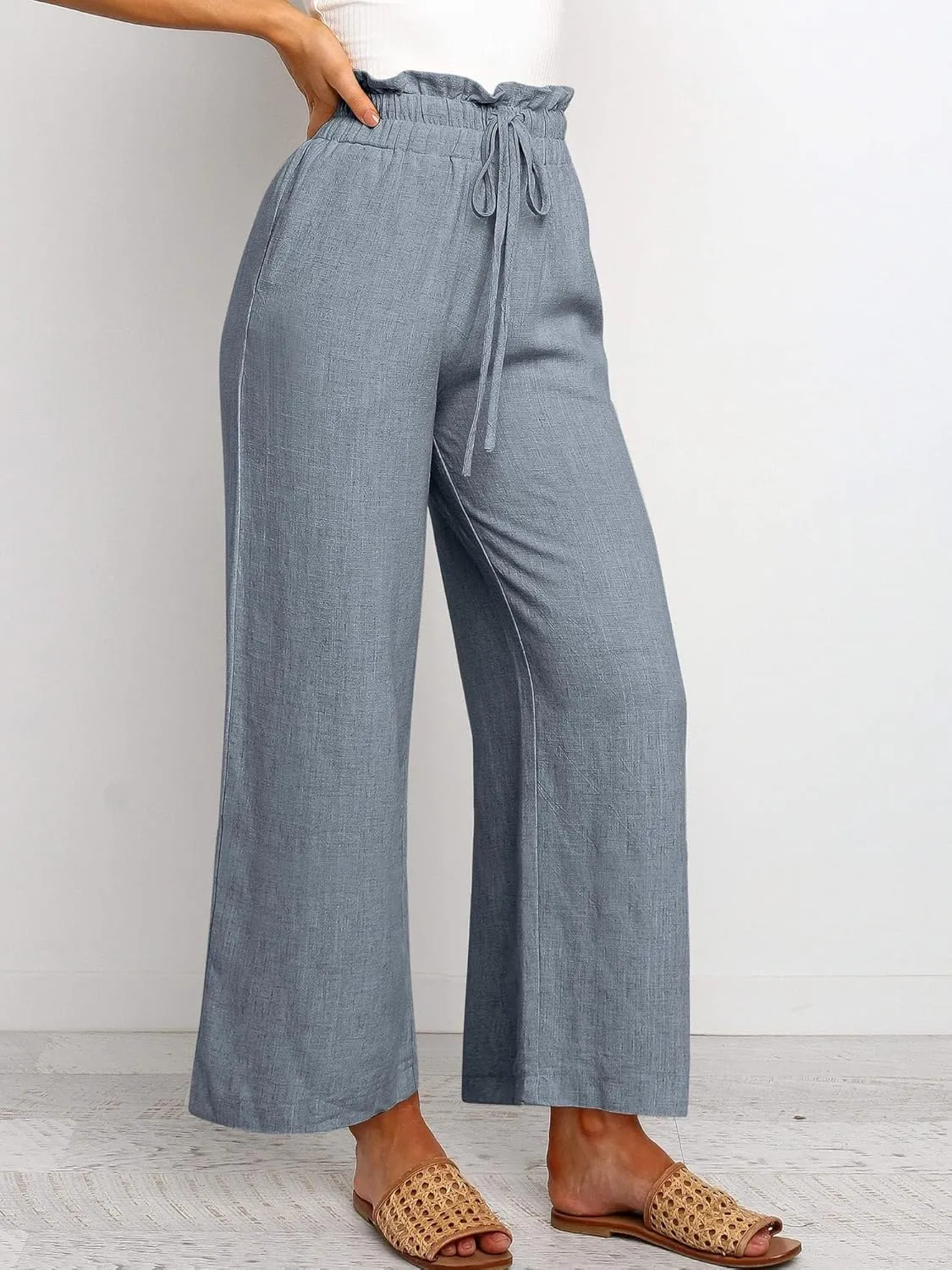 Casual Linen Pants Women Summer Loose Wide Leg Pants Drawstring Elastic Waisted Palazzo Harem Trousers with Pockets