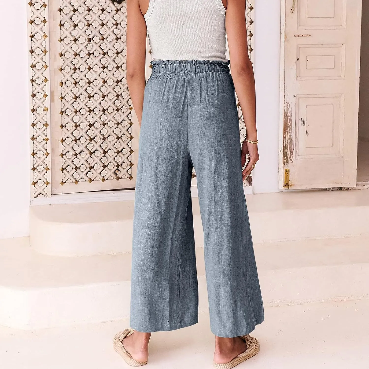 Casual Linen Pants Women Summer Loose Wide Leg Pants Drawstring Elastic Waisted Palazzo Harem Trousers with Pockets