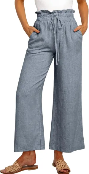 Casual Linen Pants Women Summer Loose Wide Leg Pants Drawstring Elastic Waisted Palazzo Harem Trousers with Pockets