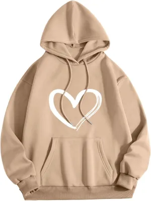 Ceboyel Women Trendy Hoodies Love Heart Print Graphic Sweatshirt Pullover Drawstring Long Sleeve Tops Cute Fall Clothes 2023