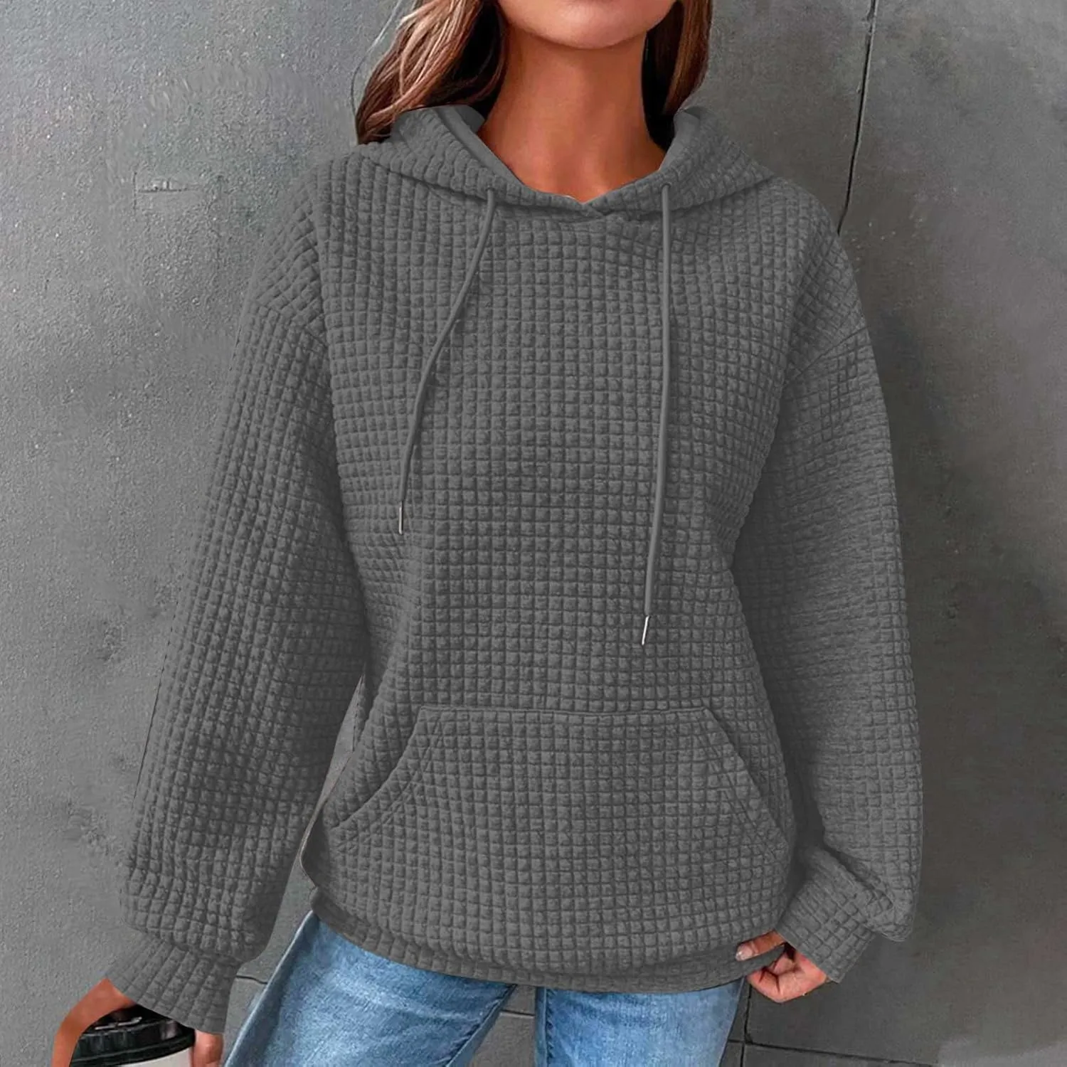 Ceboyel Womens Solid Color Cute Hoodie 2023 Waffle Knit Sweatshirts Comfort Sweater Tops Teen Girls Trendy Clothes 2023