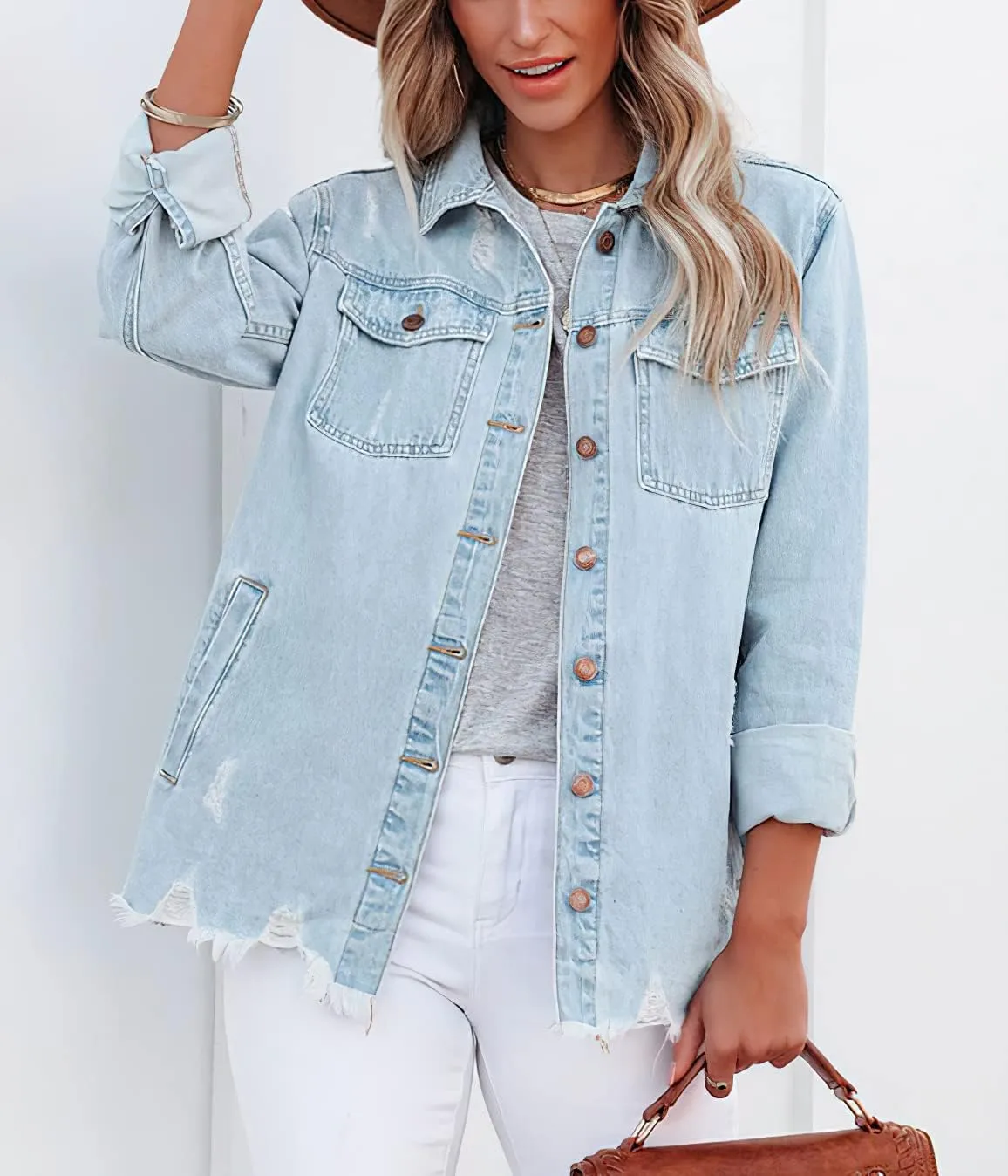 CHARTOU Women's Distressed Spread Collar Button Down Shacket Washed Denim Shirt Jacket