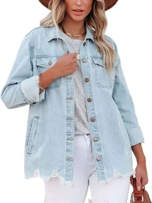 CHARTOU Women's Distressed Spread Collar Button Down Shacket Washed Denim Shirt Jacket