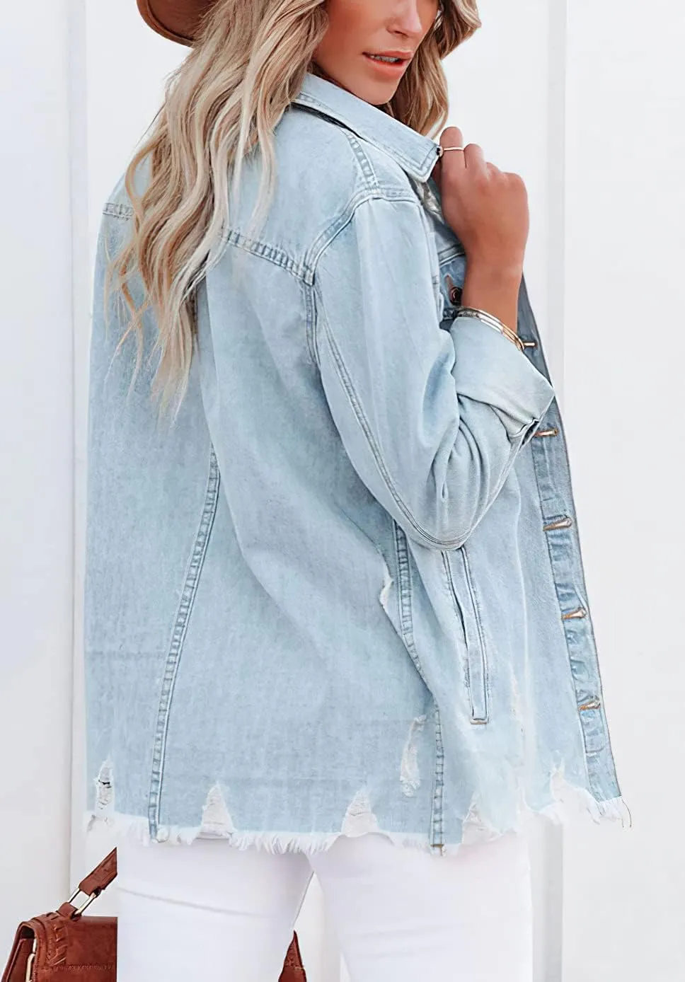 CHARTOU Women's Distressed Spread Collar Button Down Shacket Washed Denim Shirt Jacket
