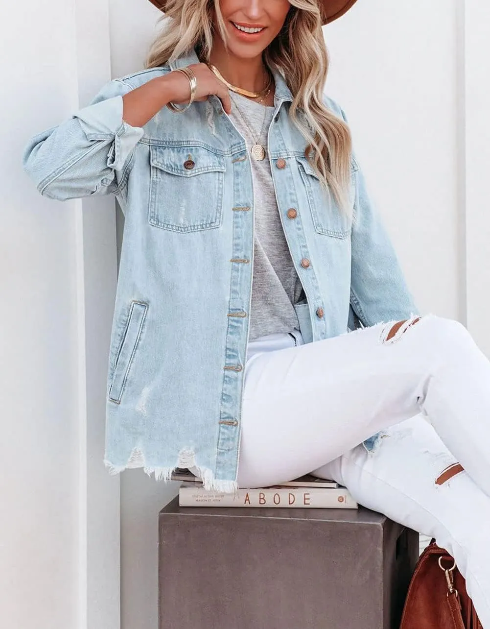 CHARTOU Women's Distressed Spread Collar Button Down Shacket Washed Denim Shirt Jacket