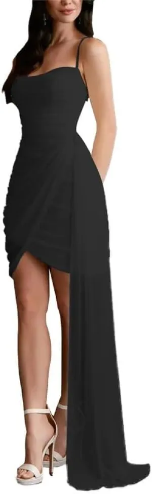 Chiffon Bridesmaid Dresses Spaghetti Straps Sheath Cocktail Gown Short Bridal Shower Dress for Wedding with Ribbon