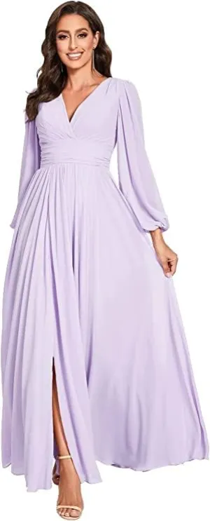 Chiffon V-Neck Bridesmaid Dresses with Slit Long Sleeves Formal Dress Evening Gown for Women Wedding Dress Lilac