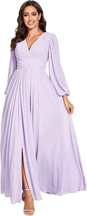 Chiffon V-Neck Bridesmaid Dresses with Slit Long Sleeves Formal Dress Evening Gown for Women Wedding Dress Lilac