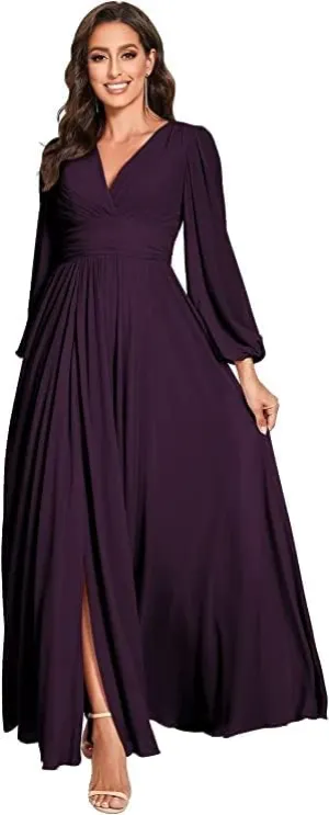 Chiffon V-Neck Bridesmaid Dresses with Slit Long Sleeves Formal Dress Evening Gown for Women Wedding Dress Plum