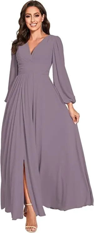 Chiffon V-Neck Bridesmaid Dresses with Slit Long Sleeves Formal Dress Evening Gown for Women Wedding Dress Wisteria