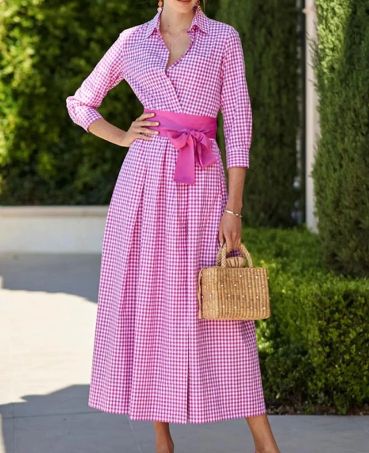 chouyatou Women's Retro Plaid Button Up Maxi Shirt Dress 3/4 Sleeve Gingham Pocketed Long Dress with Belt