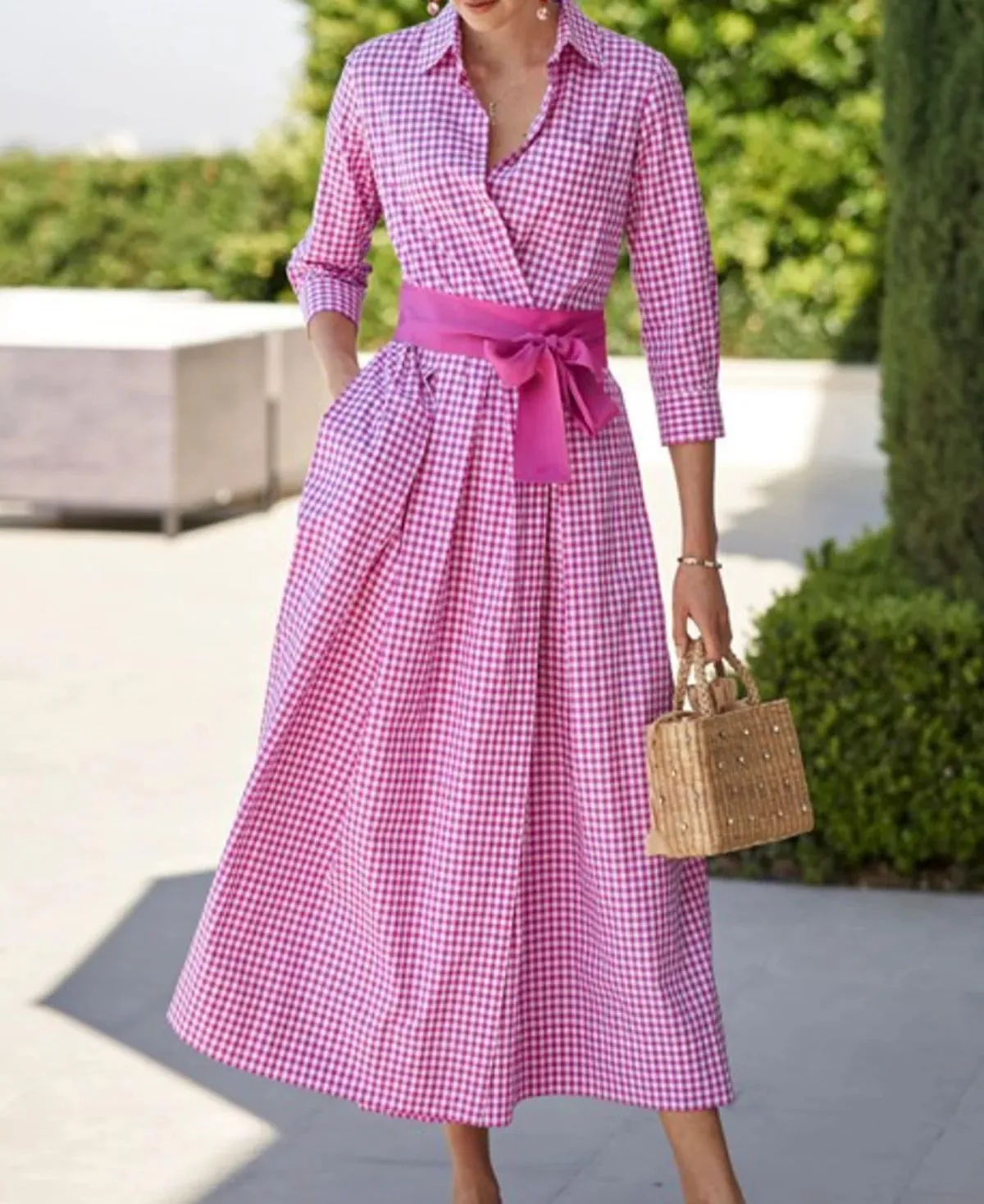 chouyatou Women's Retro Plaid Button Up Maxi Shirt Dress 3/4 Sleeve Gingham Pocketed Long Dress with Belt