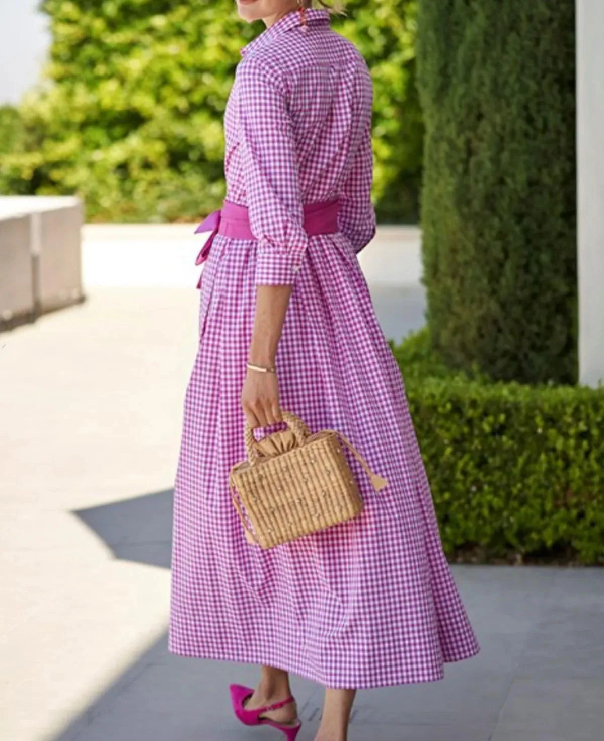 chouyatou Women's Retro Plaid Button Up Maxi Shirt Dress 3/4 Sleeve Gingham Pocketed Long Dress with Belt