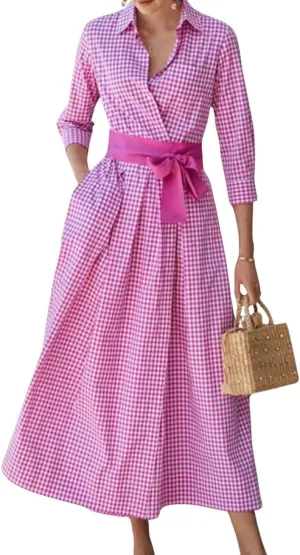 chouyatou Women's Retro Plaid Button Up Maxi Shirt Dress 3/4 Sleeve Gingham Pocketed Long Dress with Belt