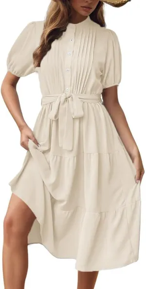 chouyatou Women's Summer Pleated Front Shirt Dress Puff Short Sleeve Flowy Swing Midi Long Tunic Dress with Belt