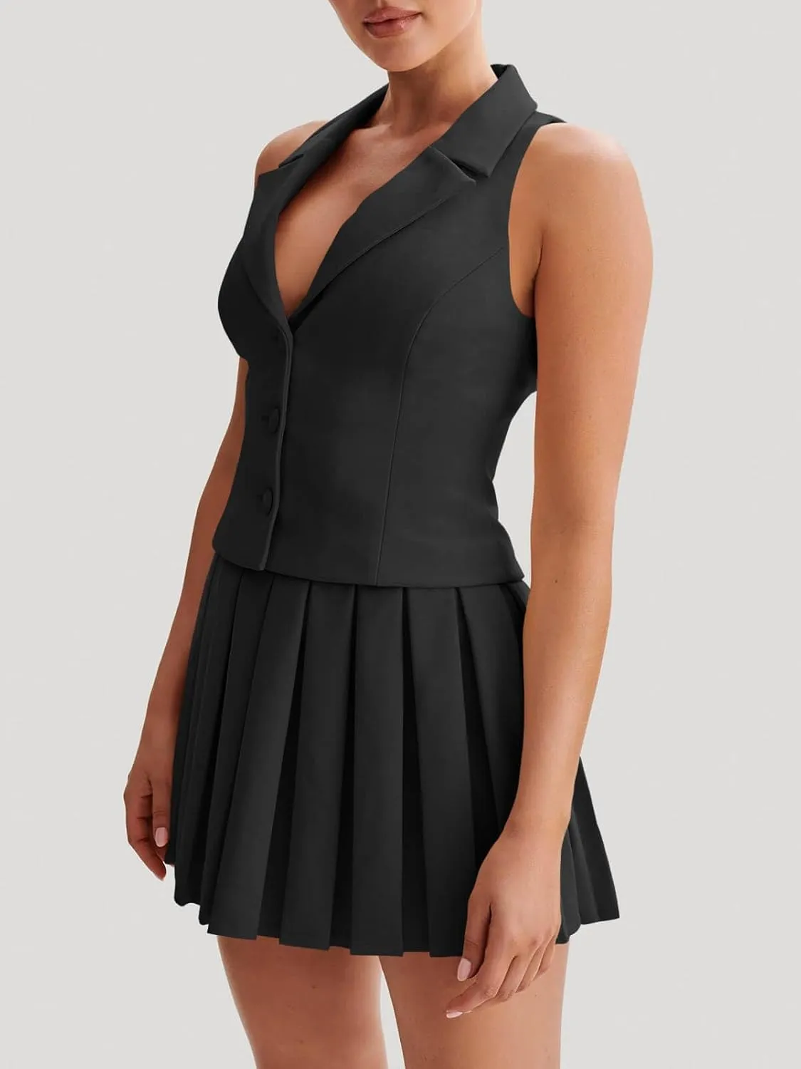 Cicy Bell Womens Summer 2 Piece Outfits V Neck Blazer Vest Matching Sets and Mini Pleated Skirts