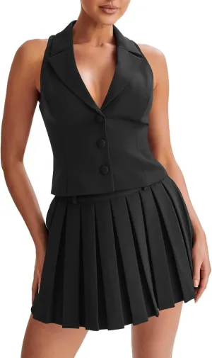 Cicy Bell Womens Summer 2 Piece Outfits V Neck Blazer Vest Matching Sets and Mini Pleated Skirts