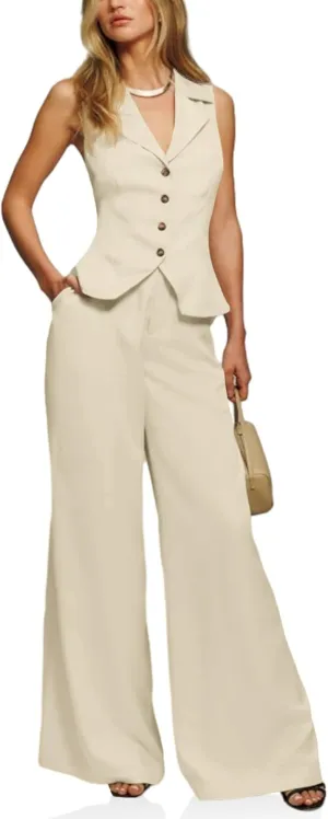 Cicy Bell Womens Vest Sets Summer 2 Piece Outfits Button Crop Blazer Vest and Wide Leg Pant Suits