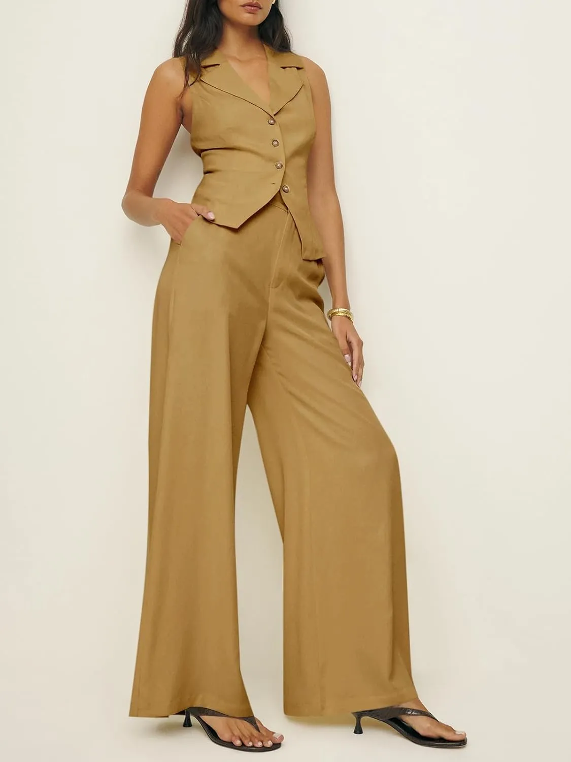 Cicy Bell Womens Vest Sets Summer 2 Piece Outfits Button Crop Blazer Vest and Wide Leg Pant Suits